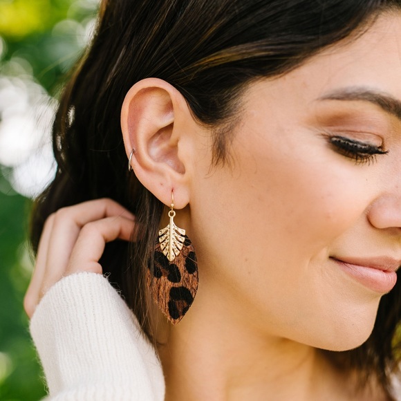 Spotted Furry Leopard Print Leaf Earrings - Picture 2 of 4